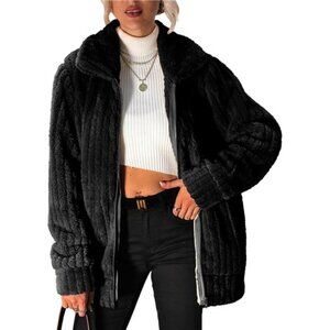 Women's Fleece Jacket Full Zip Long Sleeve Lapel Collar Sherpa Coat with Pockets
